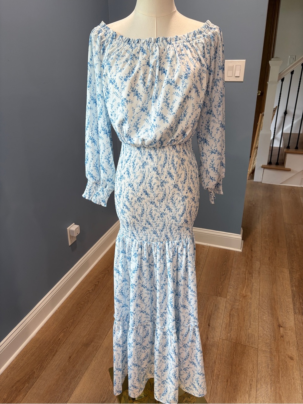 Pink Lily Blue White Floral Smocked Off Shoulder Maxi Dress Small